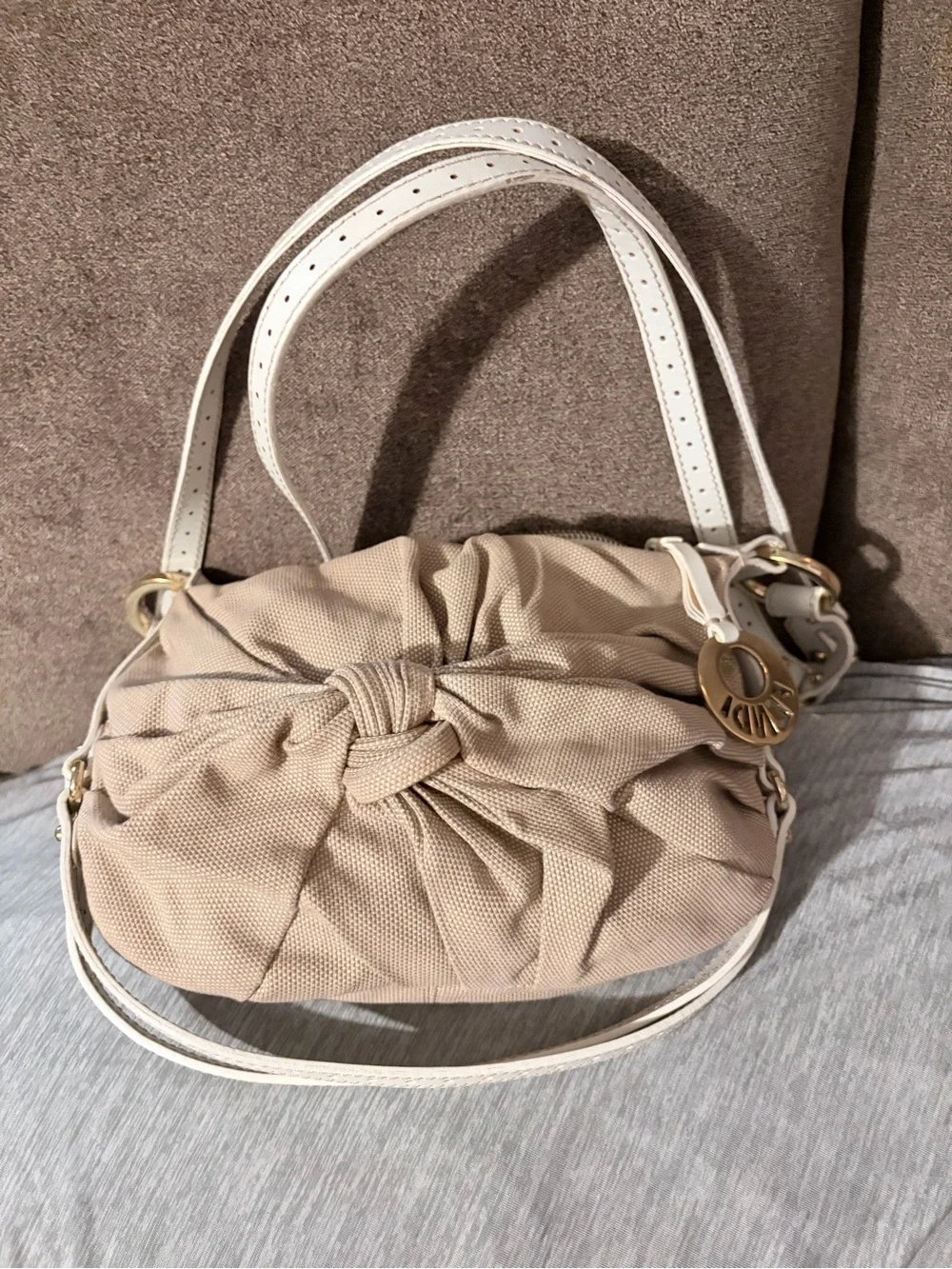 Fendi Beige Knot-Front Crossbody with White Strap